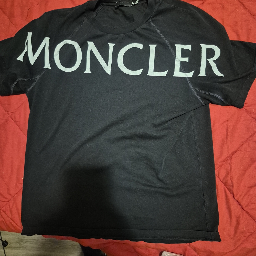 Moncler Black Tee with Large White Logo Across Chest